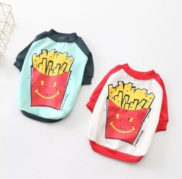 A pair of shirts with fries on them.