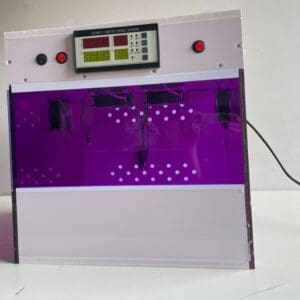 A purple machine with buttons and a clock on it.