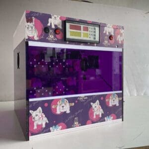 A purple and pink display case with a clock on top.