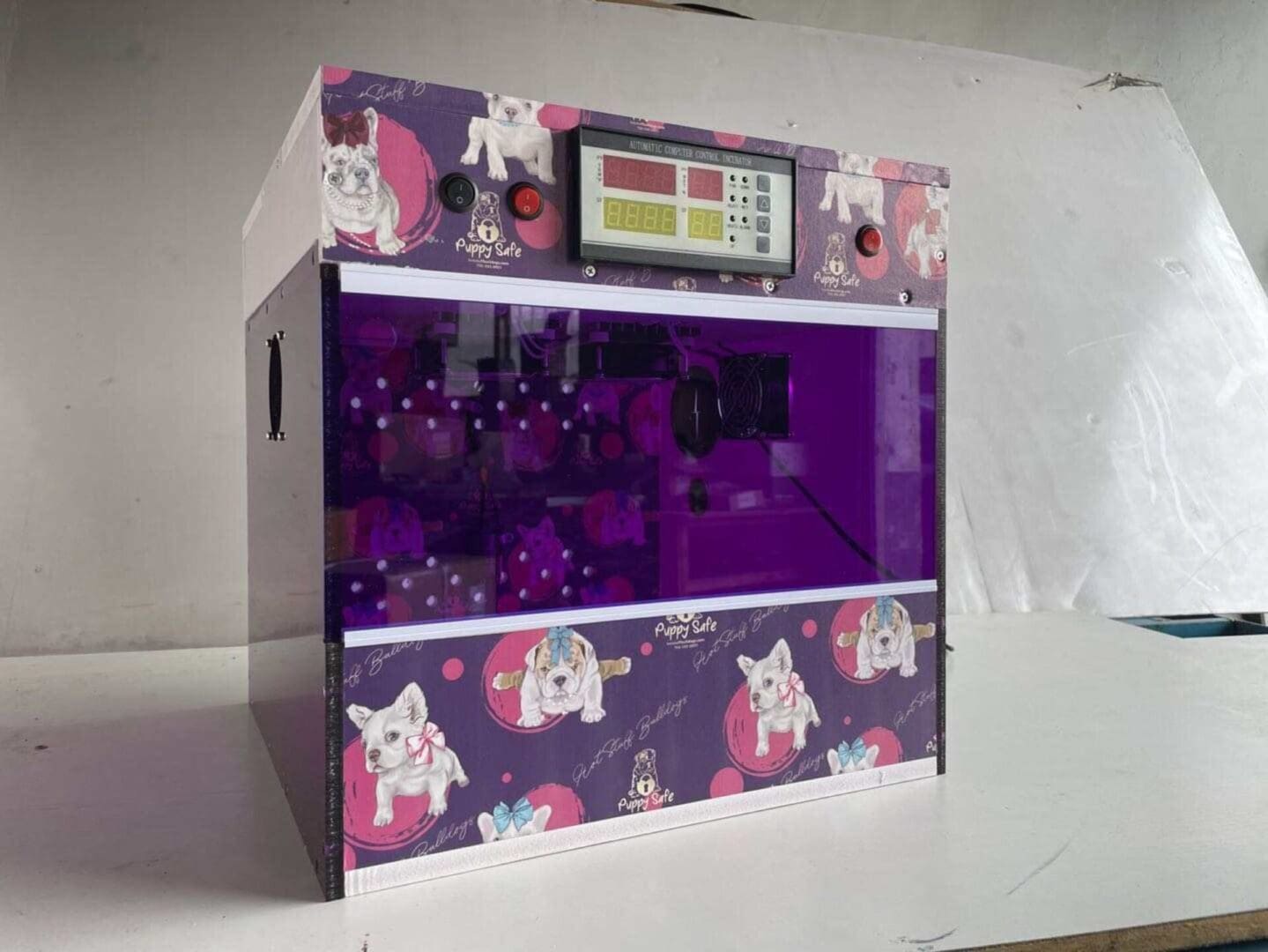 A purple and pink display case with a clock on top.