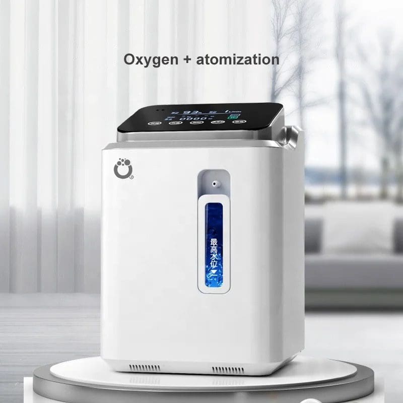 A white oxygen concentrator sitting on top of a table.