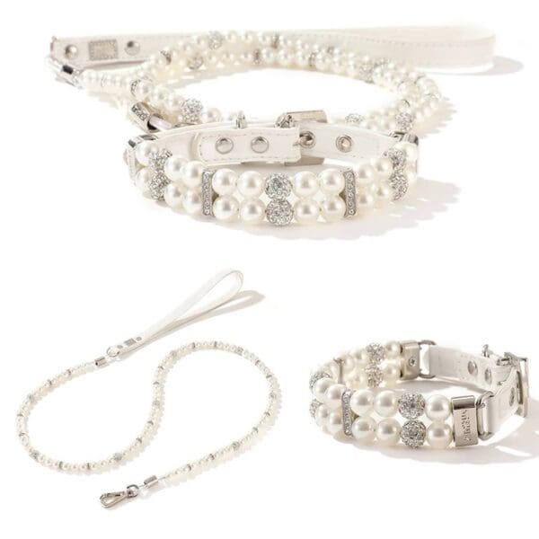 A white collar and leash set with rhinestones.