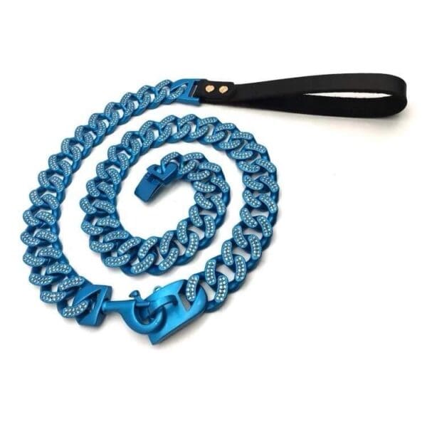 A blue chain leash with a black handle.