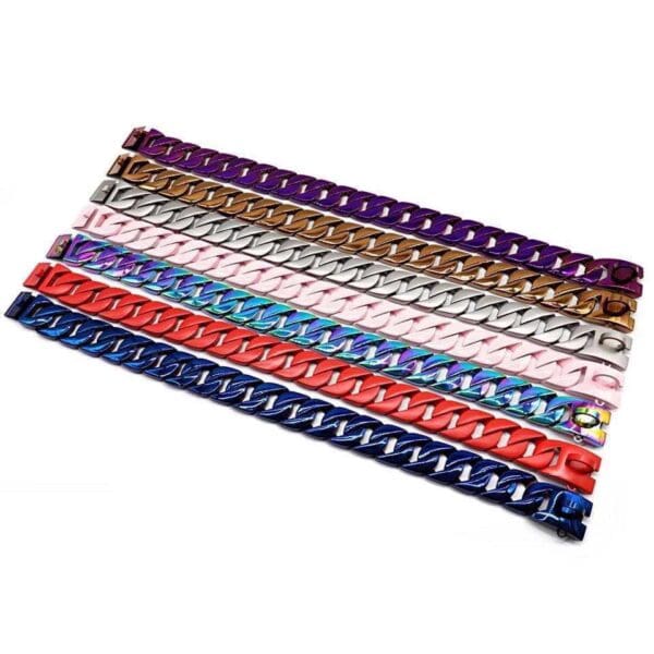 A group of bracelets in different colors and sizes.