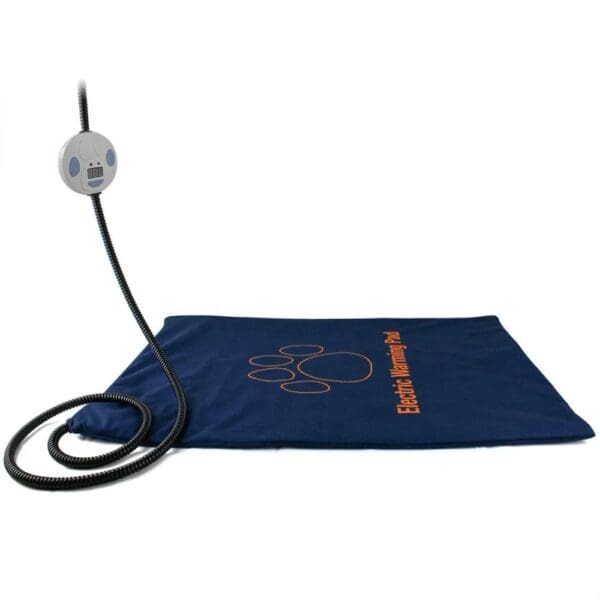 A blue heating pad with an orange and white logo.